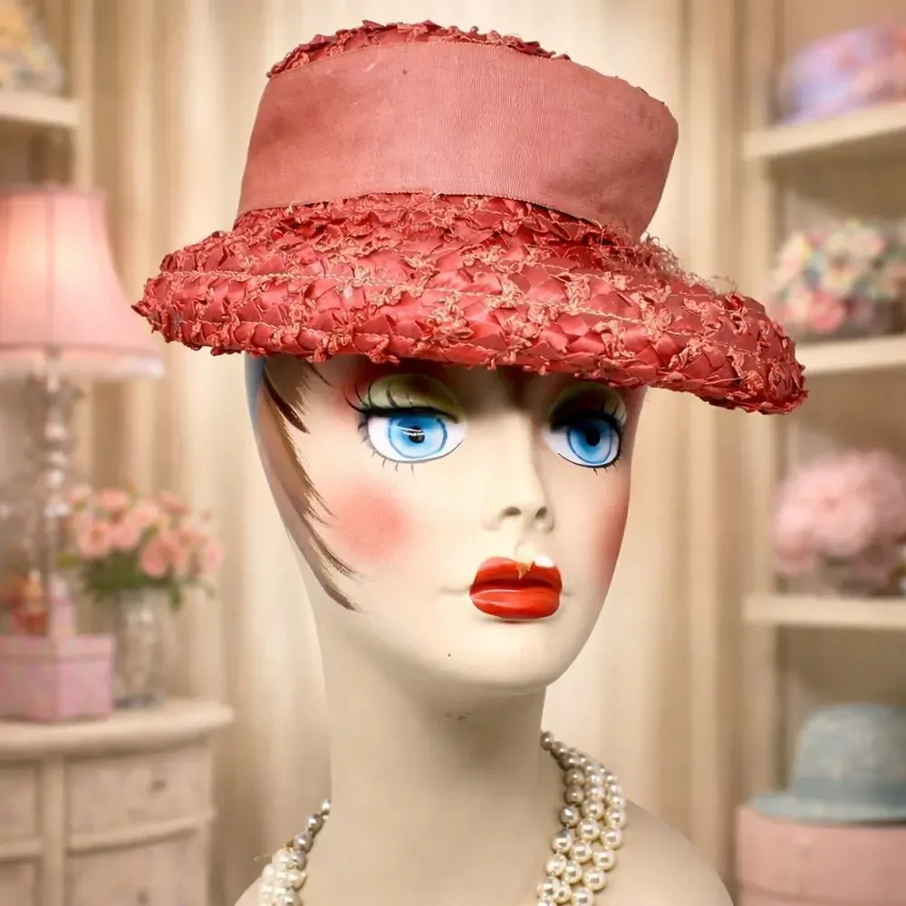 Vintage Mr Michael Red Straw Boater Hat w Wide Ribbon and Veil Trim – Hey Viv